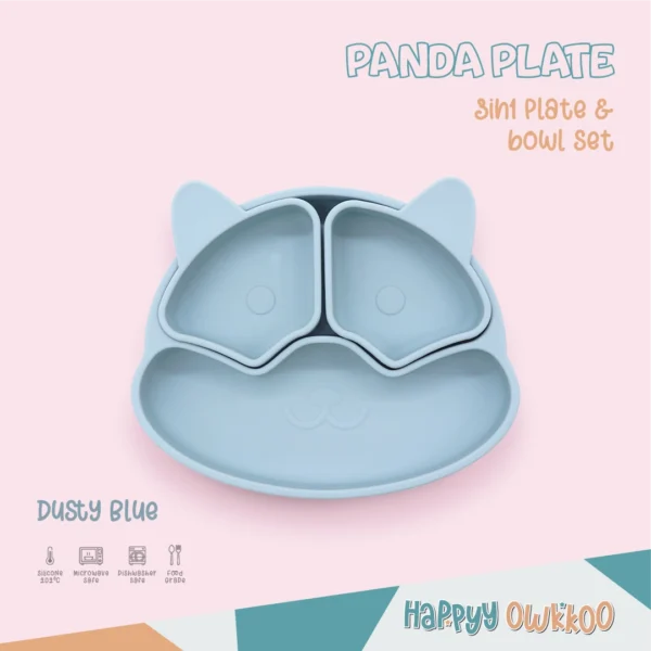 Panda 3in1 Plate & Bowl Set, Silicone – Blue